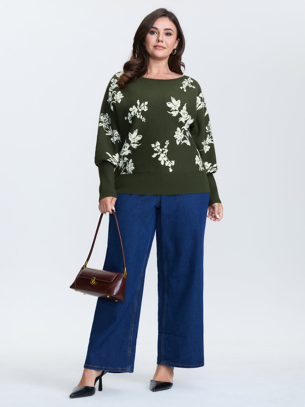 Floral Pattern Jacquard Dolman Sleeve Pullover