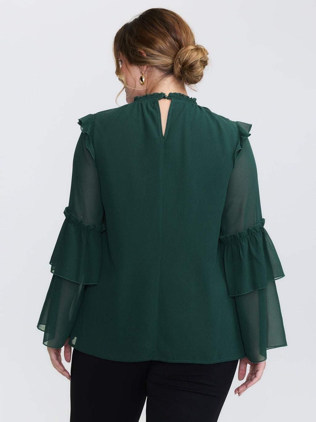 Shirred Layered Ruffled Sheer Sleeve Blouse