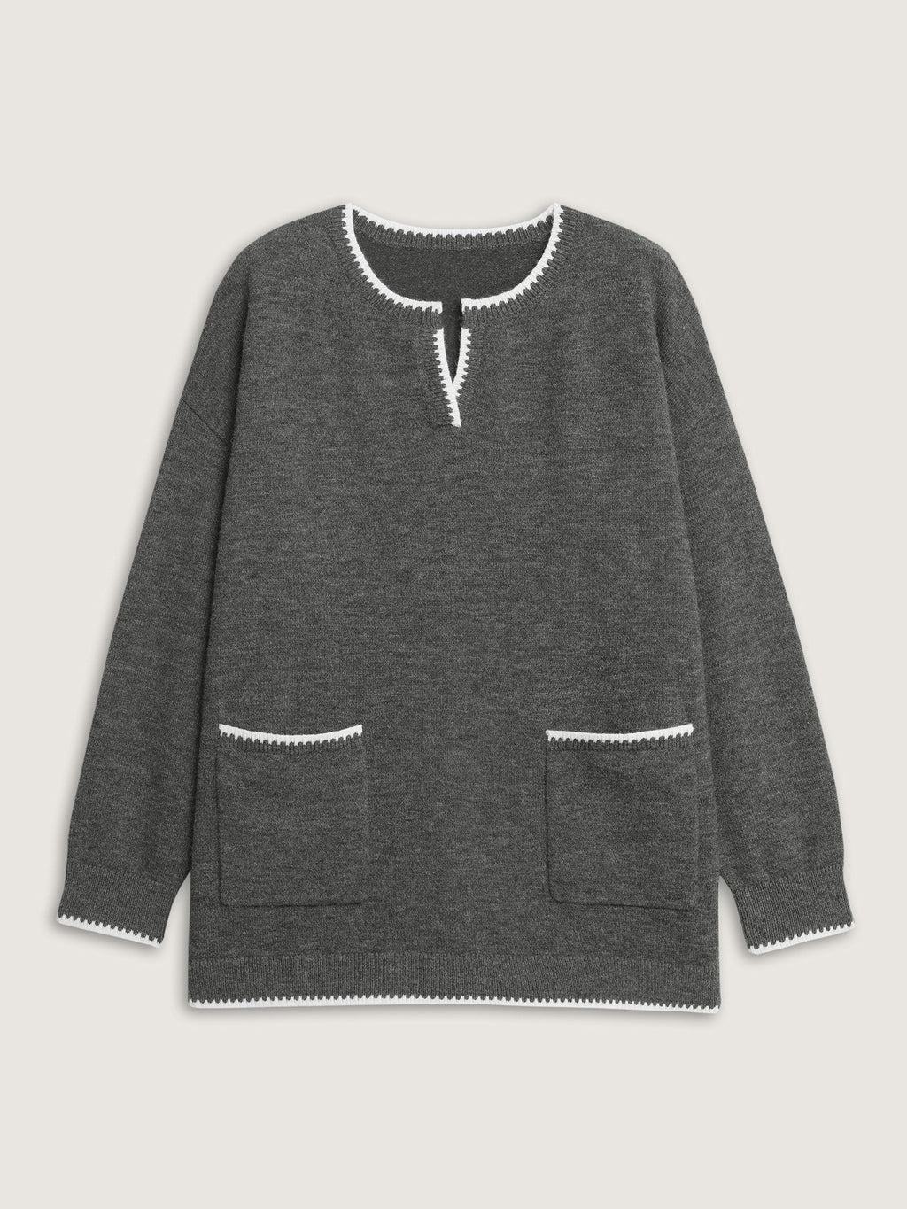 Color Contrast Patch Pockets Split Neckline Pullover