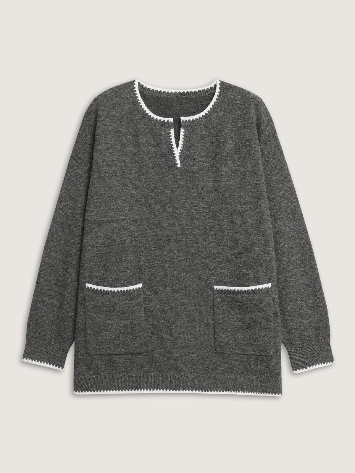 Color Contrast Patch Pockets Split Neckline Pullover