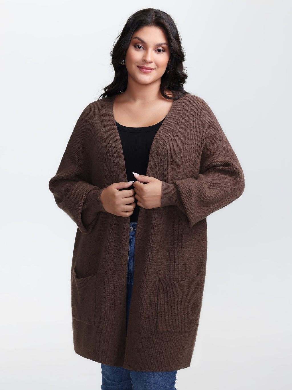 Textured Scarf Pockets Knit Cardigan