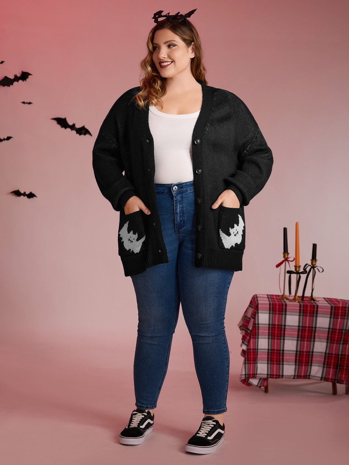 Spiderweb Bat Jacquard Pockets Knit Cardigan