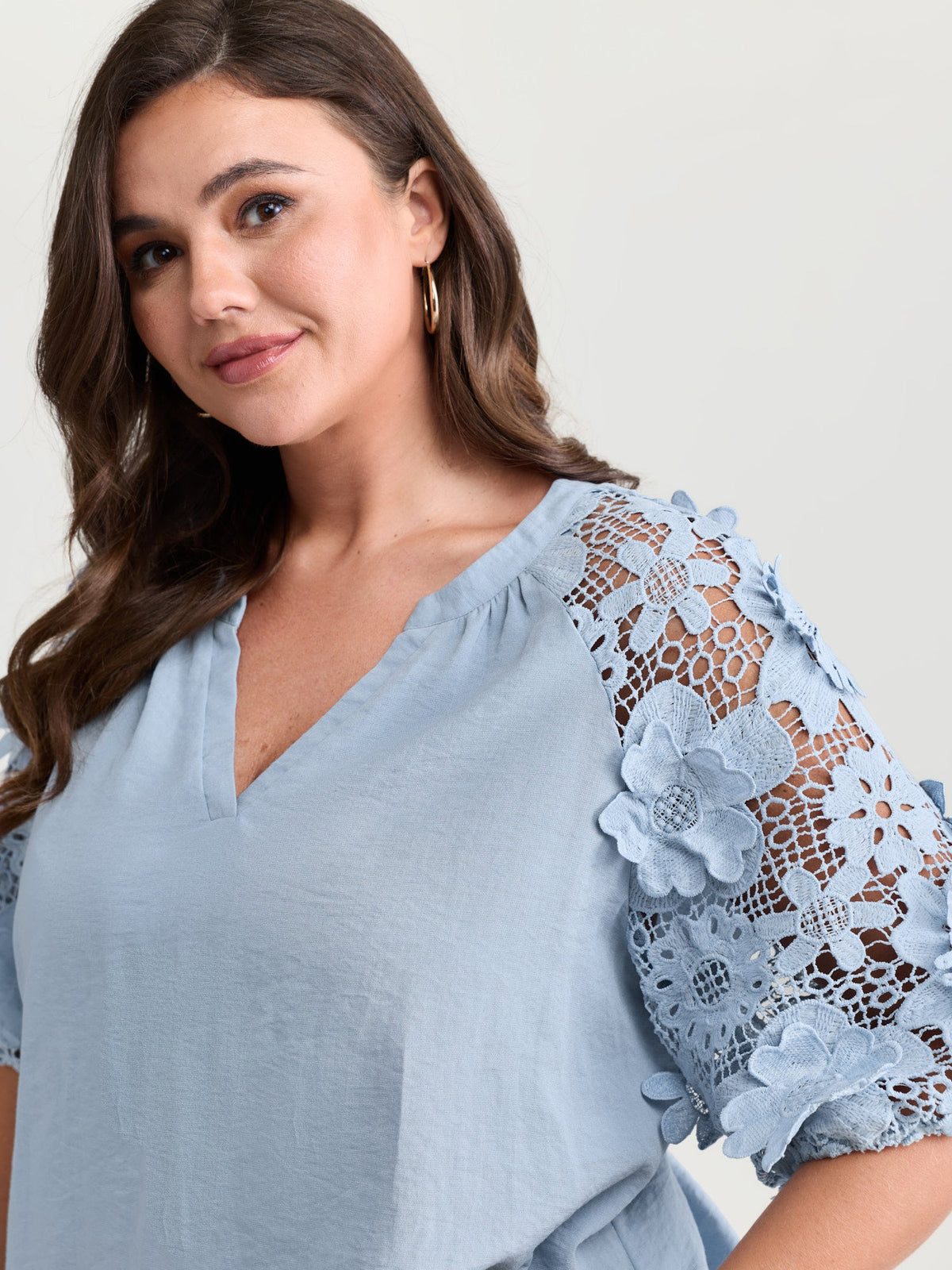 3D Floral Sleeve Spliced Flowy Blouse