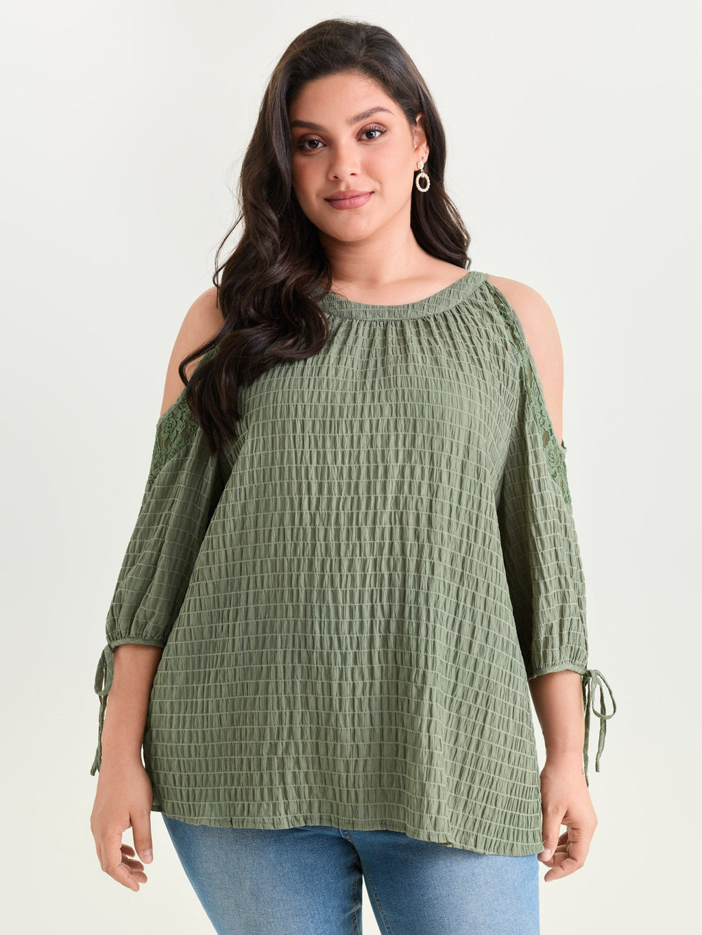 Shoulder Cut-Out Textured Back-Tie Blouse