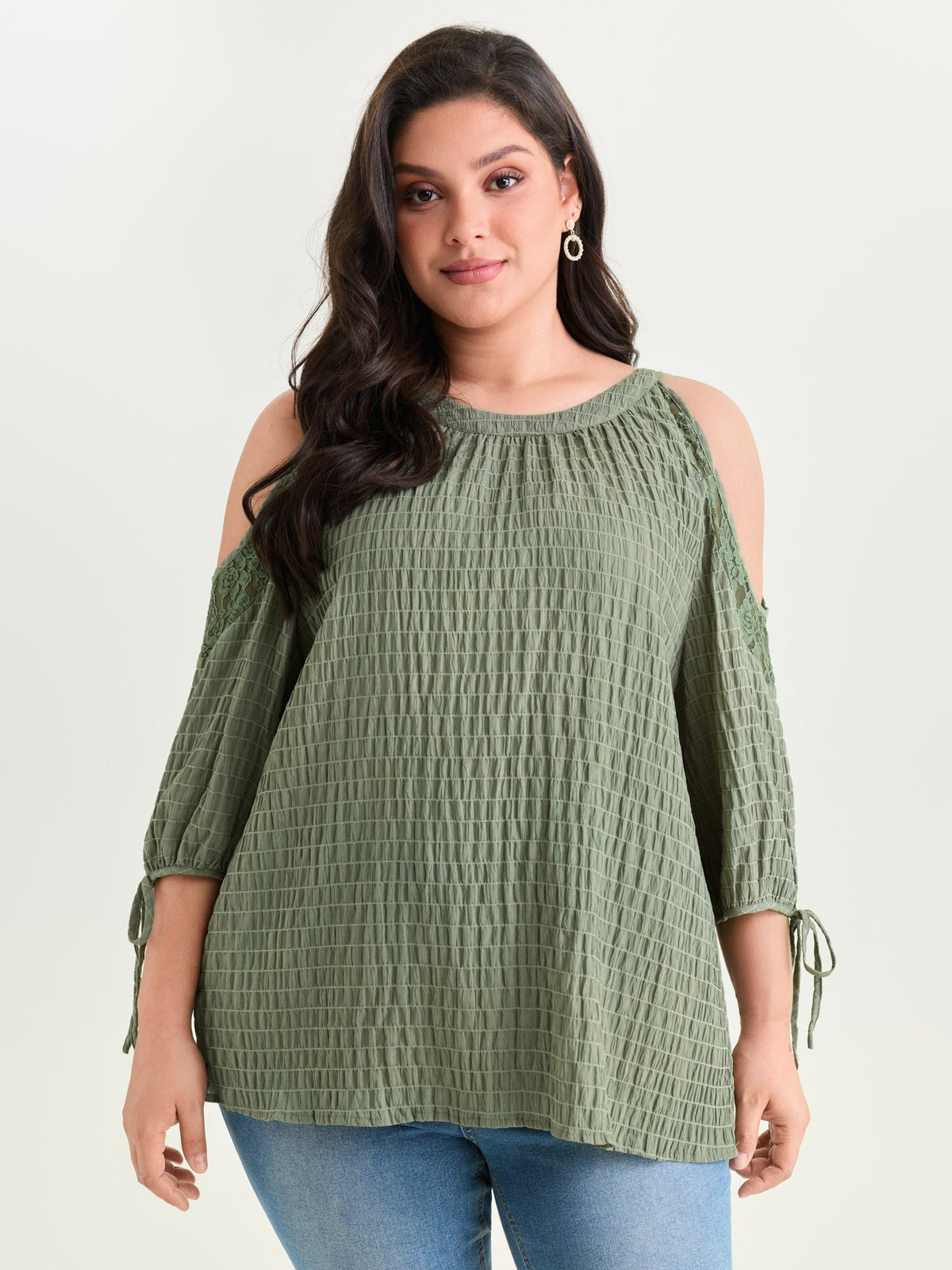 Shoulder Cut-Out Textured Back-Tie Blouse