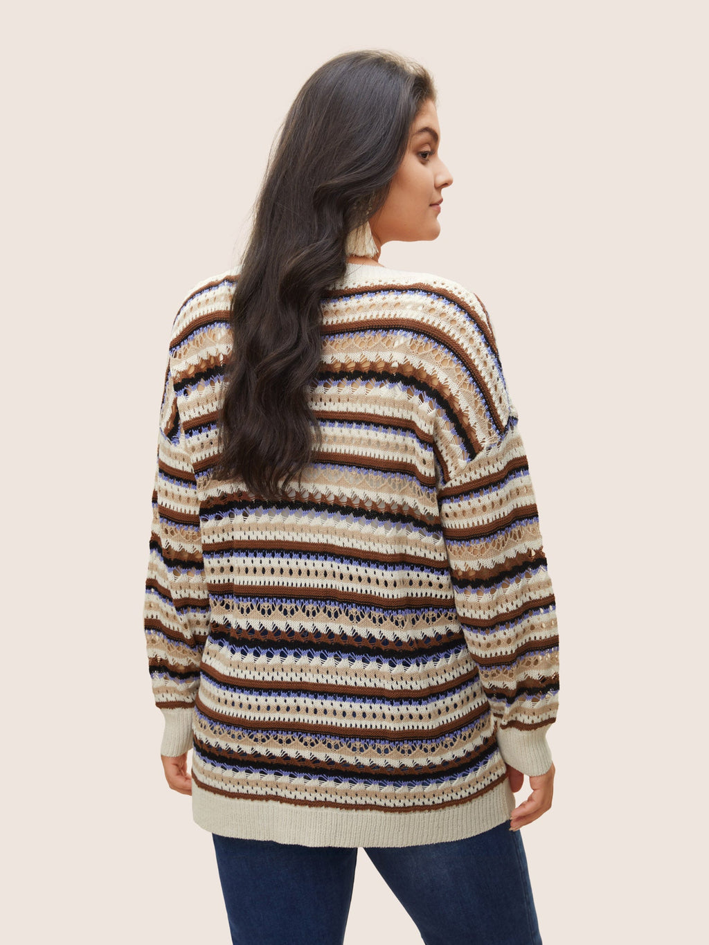 Striped Contrast Drop Shoulder Hollow Out Pullover
