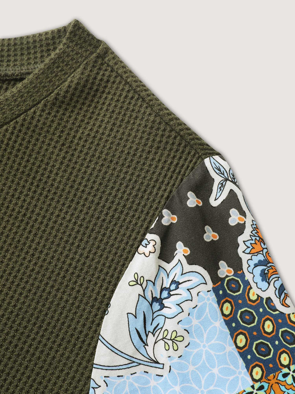 Boho Print Ribbed Sleeve Tie Sweatshirt
