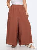 Shirred Waist Plain Flowy Wide-Leg Pants