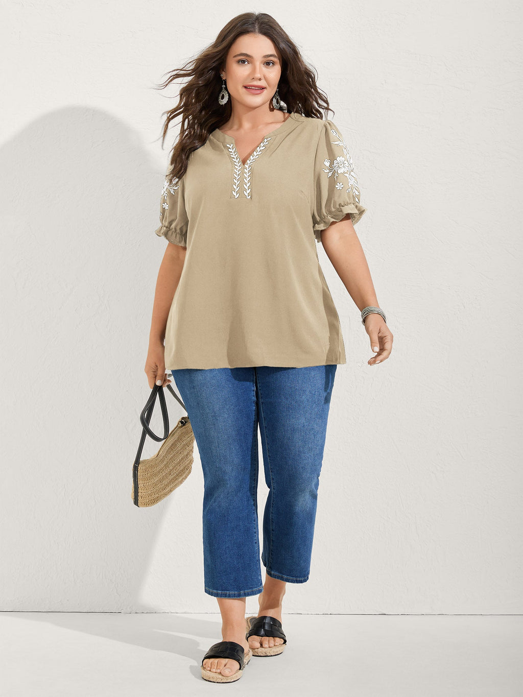 Notched Collar Embroidered Ruffled Blouse