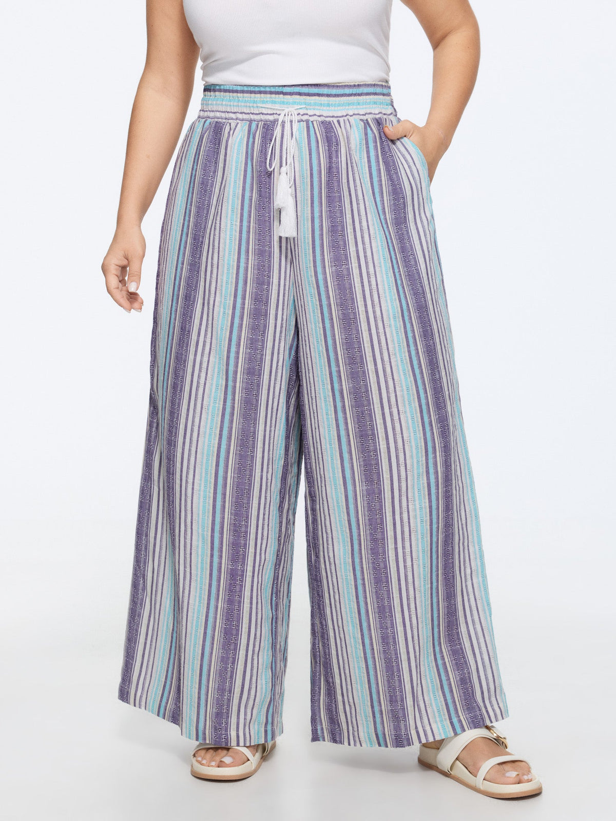 Cotton Striped Drawstring Wide Leg Pants