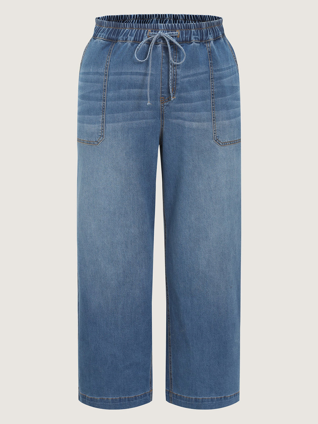 Elastic Waist Medium Wash Wide-Leg Jeans