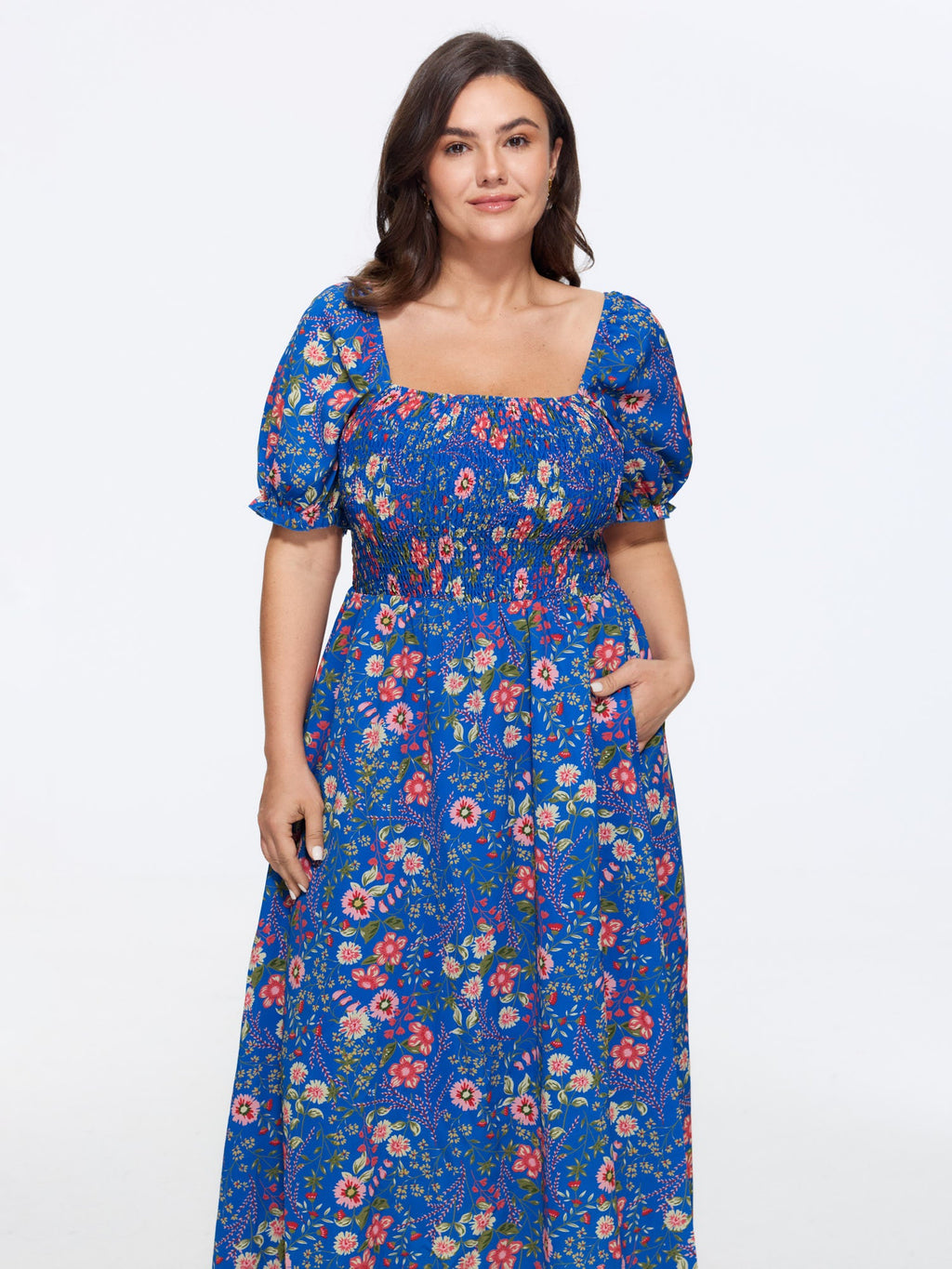 Shirred Floral Print Pockets Maxi Dress