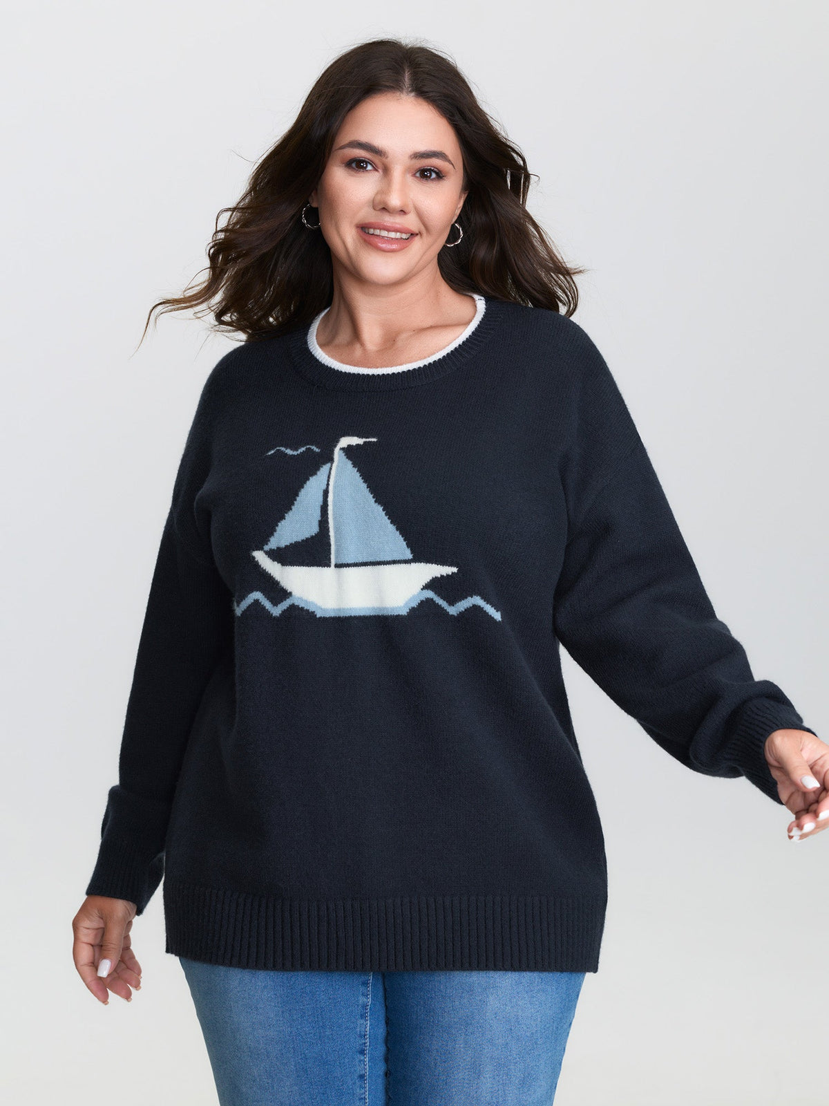 Jacquard Sail Pattern Color Contrast Pullover