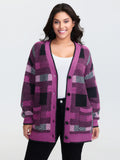 Fuzzy Plaid Pattern Button Knit Cardigan