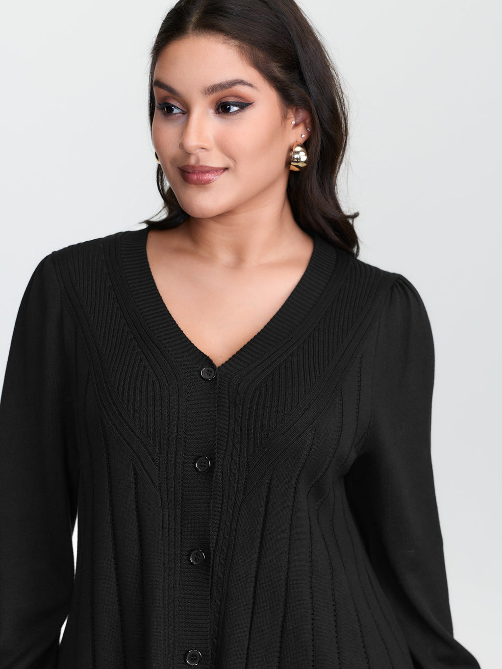 Textured A-Shaped Hem Lantern Sleeve Knit Cardigan