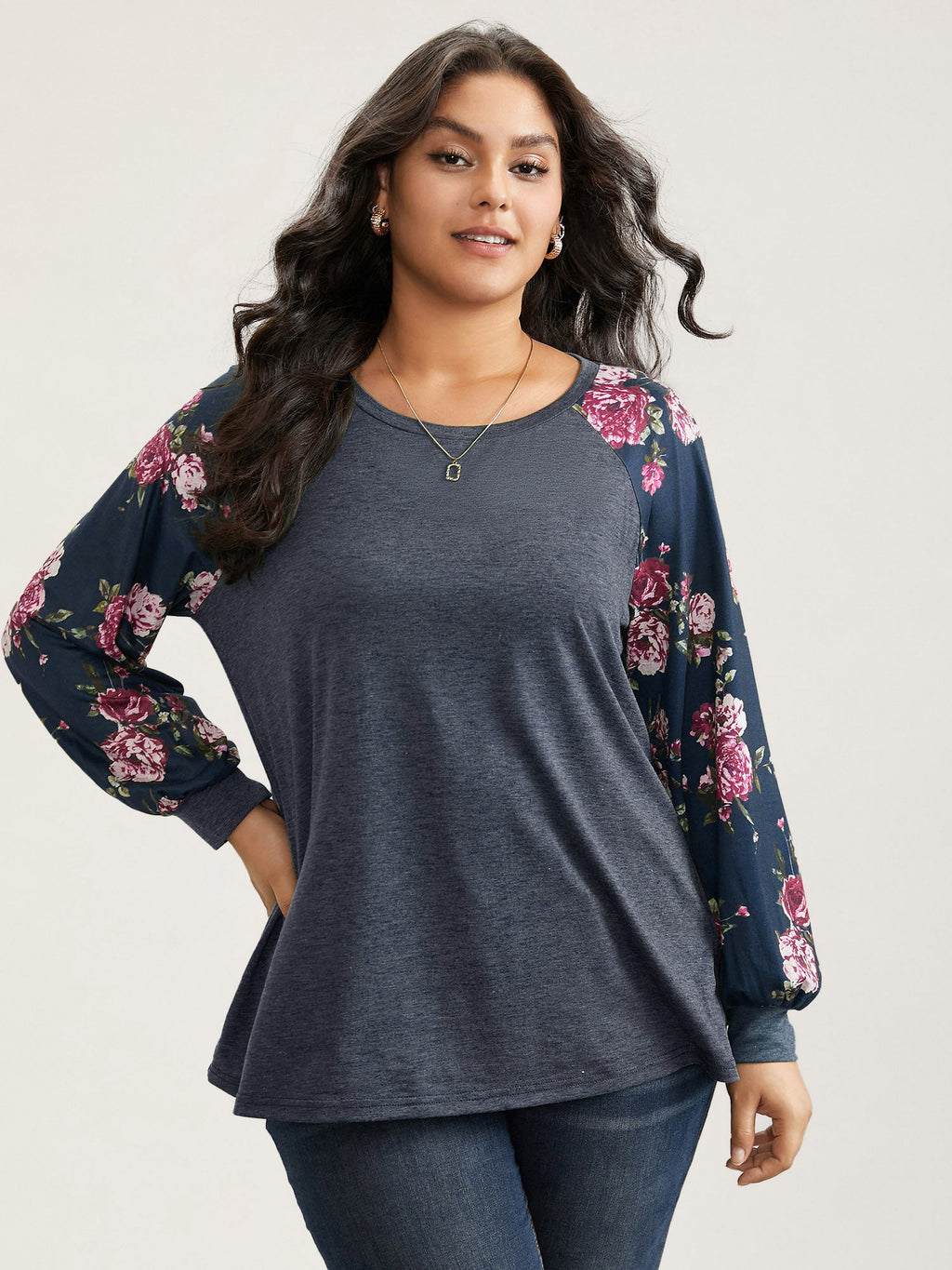 Floral Patchwork Crew Neck Raglan Sleeve T-shirt