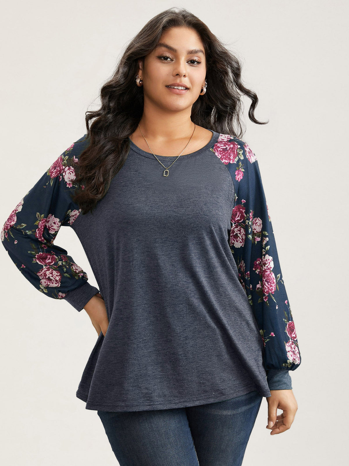 Floral Patchwork Crew Neck Raglan Sleeve T-shirt