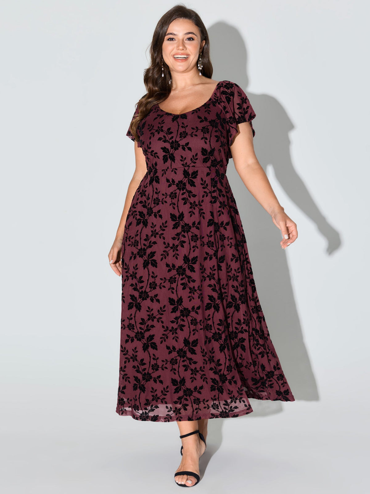 Floral Textured Jacquard Slit Hem Maxi Dress