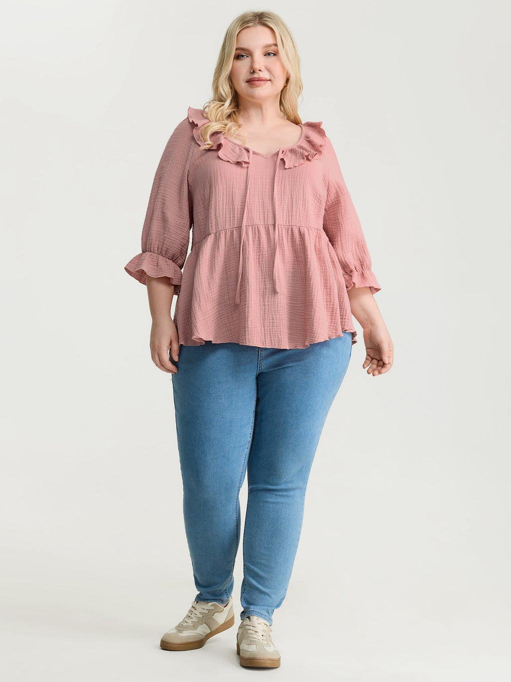 Pure Cotton Lotus Leaf Neckline Plain Blouse