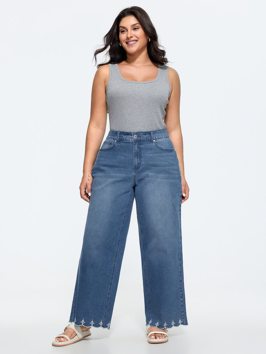 Stretchy Embroidered Hem Wide-Leg Jeans