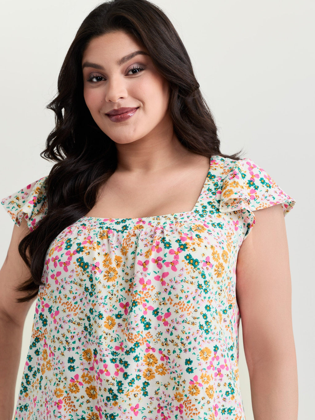 Bright Floral Print Flutter Sleeve Blouse