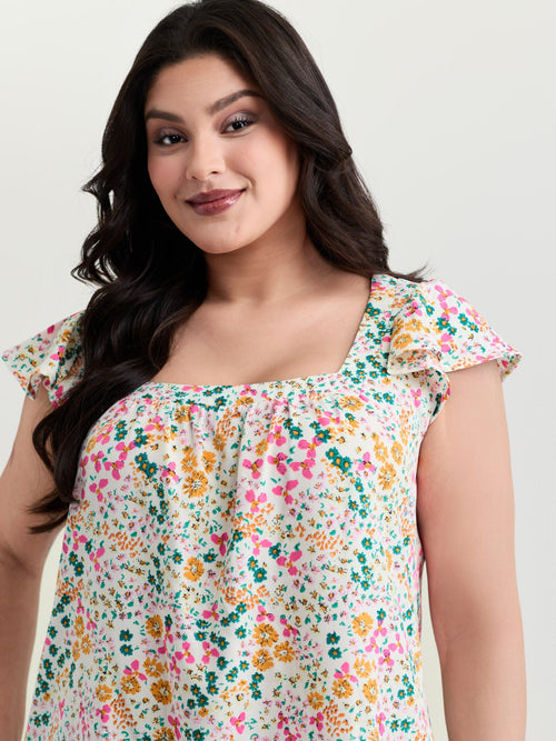 Bright Floral Print Flutter Sleeve Blouse