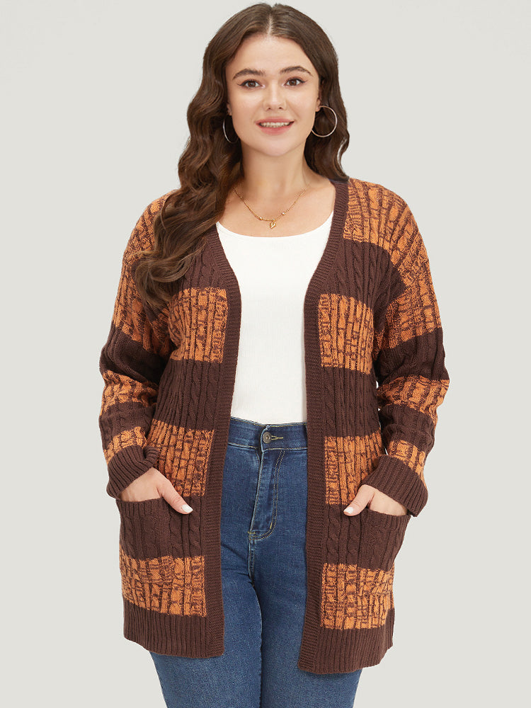 Halloween Colorblock Cable Knit Patched Pocket Cardigan