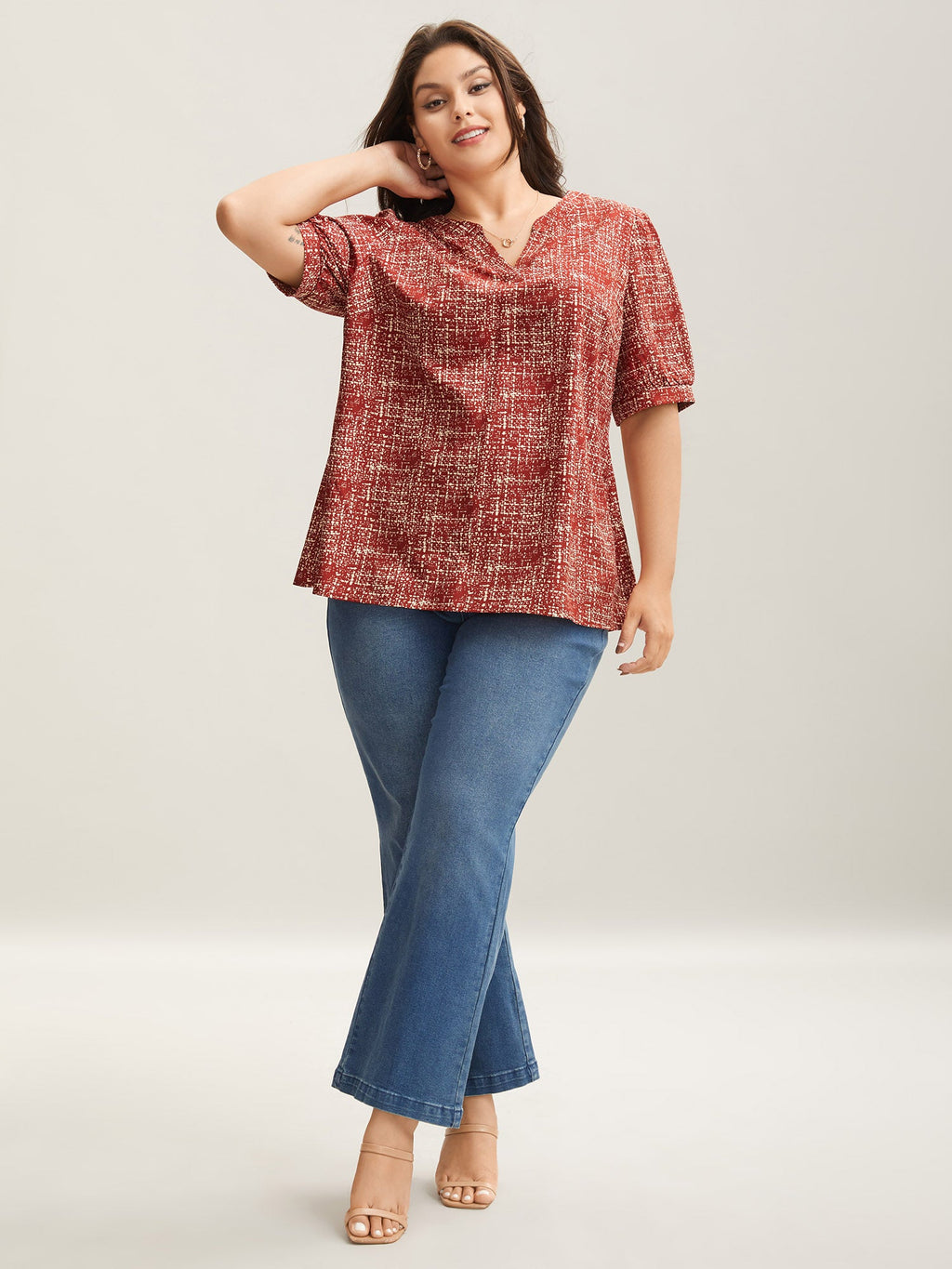 Geometric Print Puff Sleeve Blouse