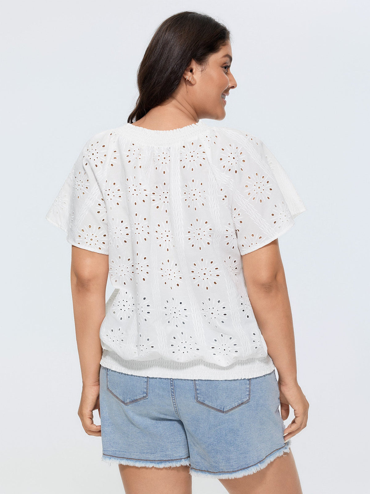 Eyelet Textured Shirred Hem Blouse