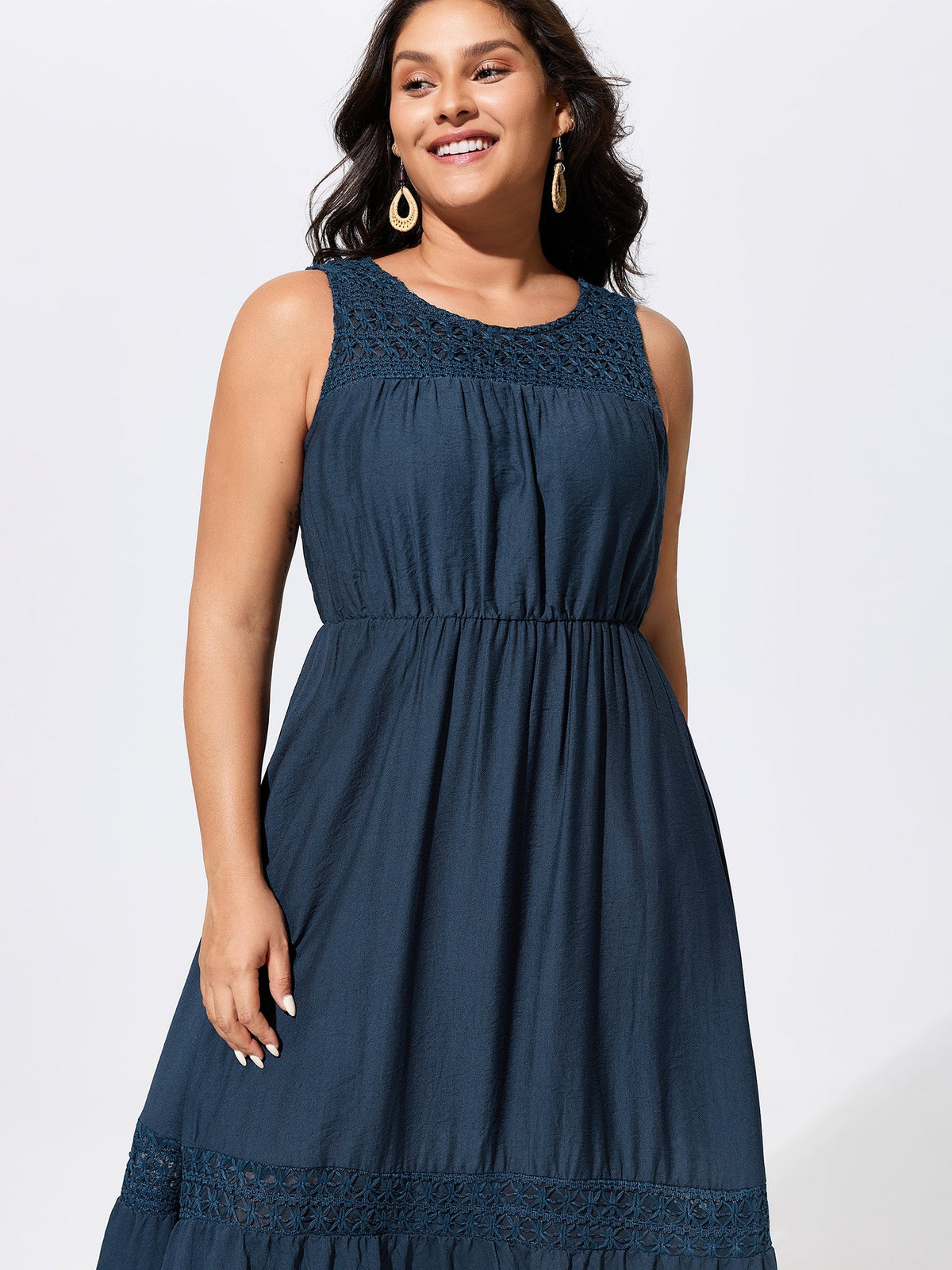 Lace Neckline Cut-Out Ruffled Hem Midi Dress