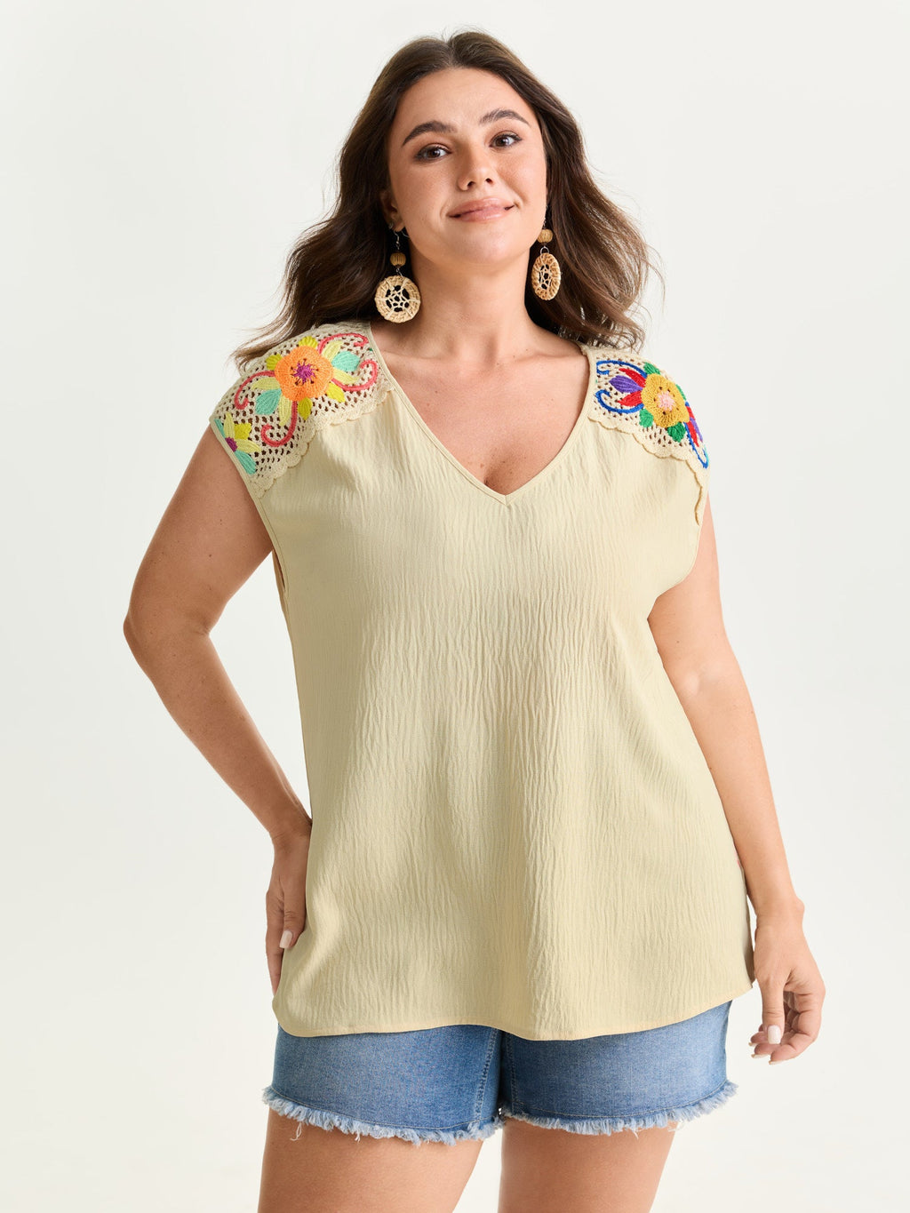 Colorful Openwork Crochet V-Neck Blouse
