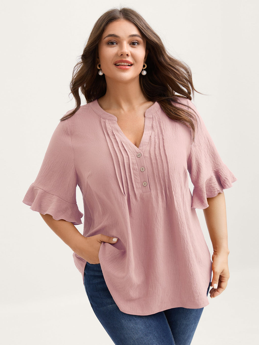 Toothpick Pleats Ruffled Sleeve Solid Blouse