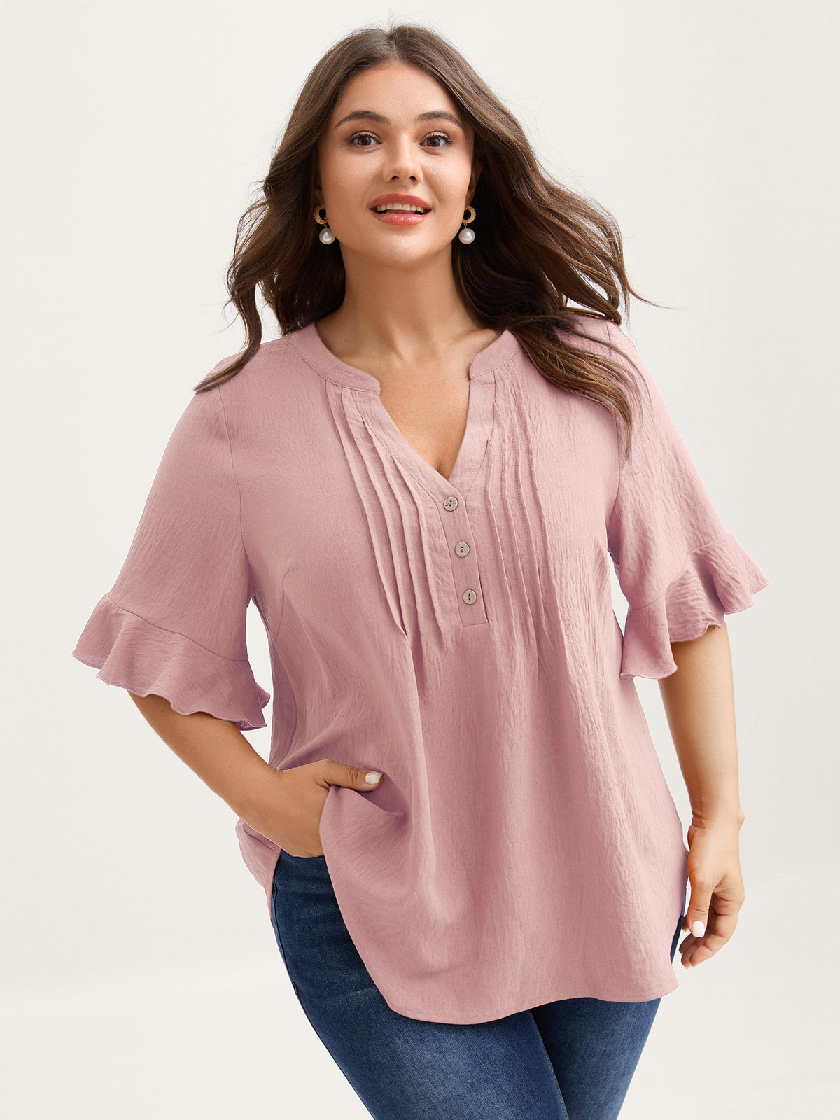 Toothpick Pleats Ruffled Sleeve Solid Blouse