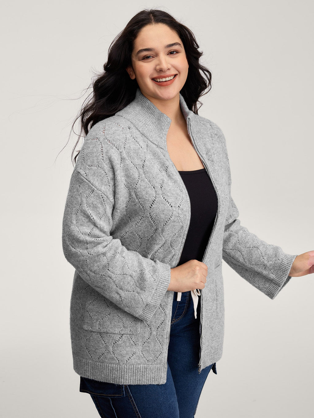 Textured Flared Sleeve Zipper Knit Cardigan
