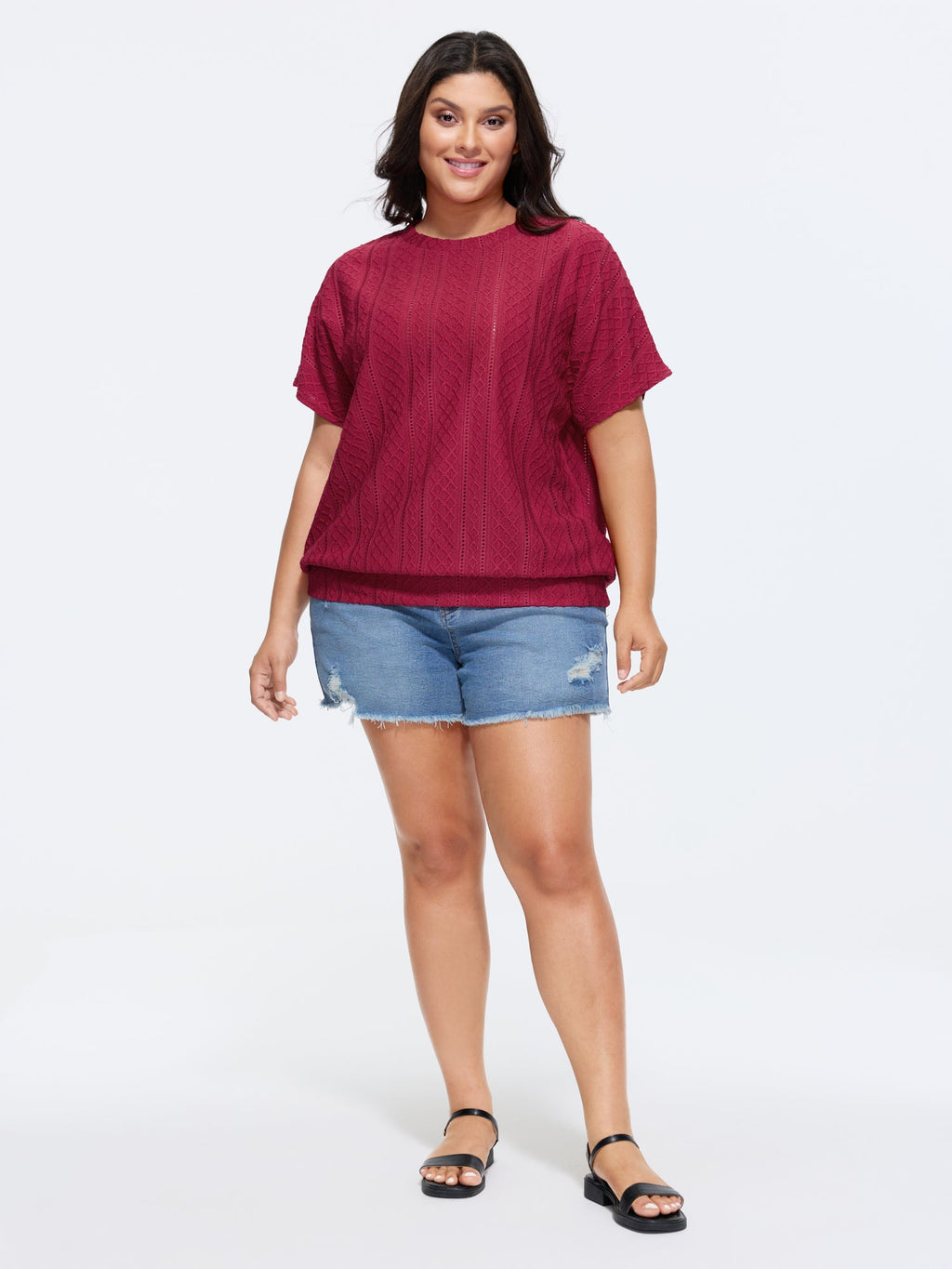 Eyelet Trim Stretchy Textured Plain Top