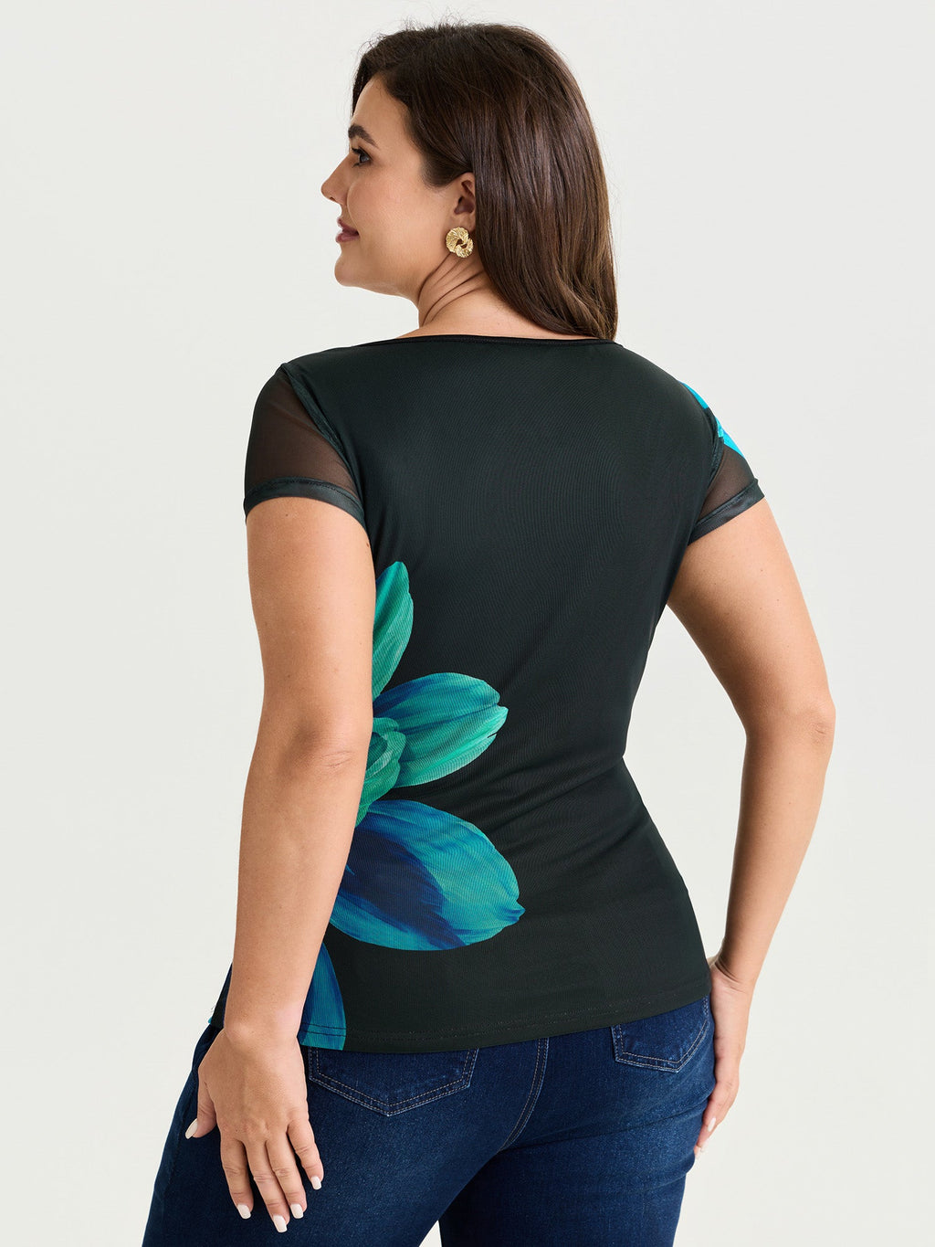 Floral Print Boat Neckline Fitted T-Shirt