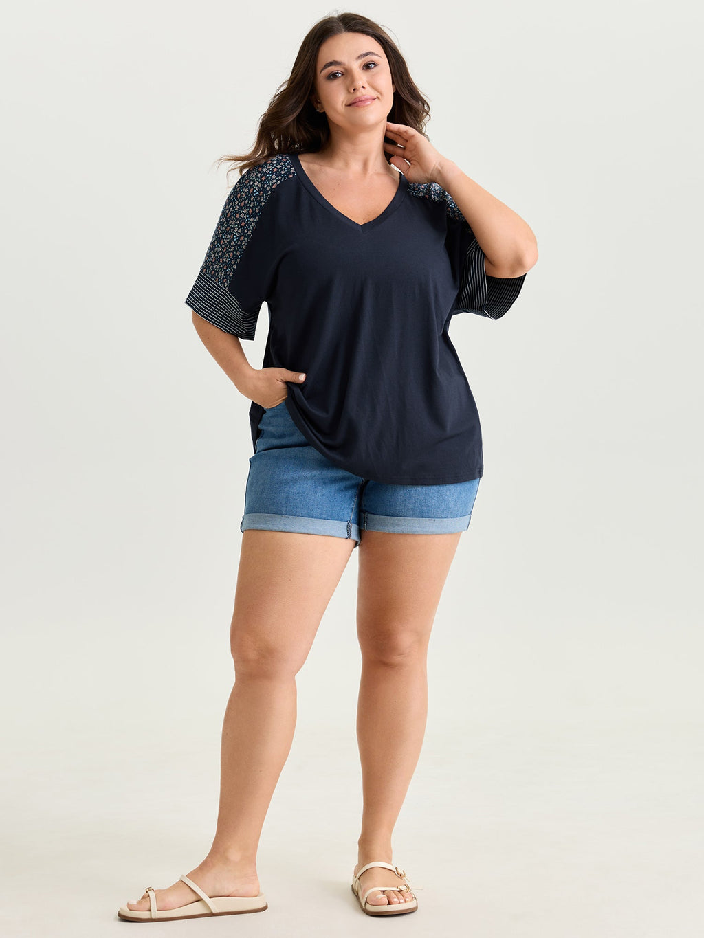 Supersoft Color Contrast Sleeve V-Neck T-Shirt