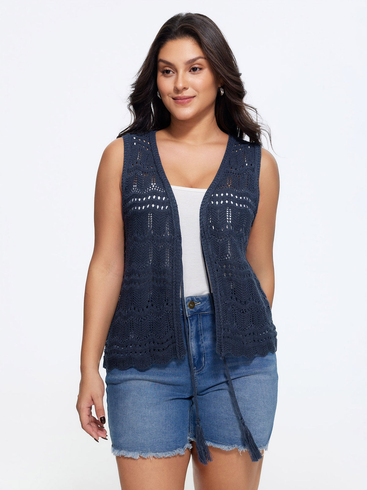 Hollow Out Scalloped Hem Front Tie Sweater Vest