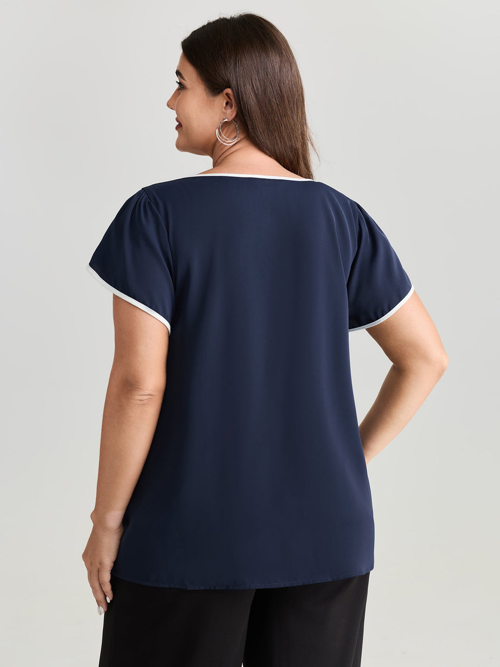 Petal Sleeve Color Contrast Plain Blouse