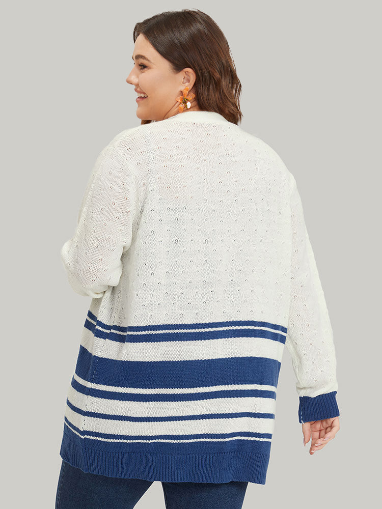 Striped Open Front Contrast Elastic Cuffs Cardigan