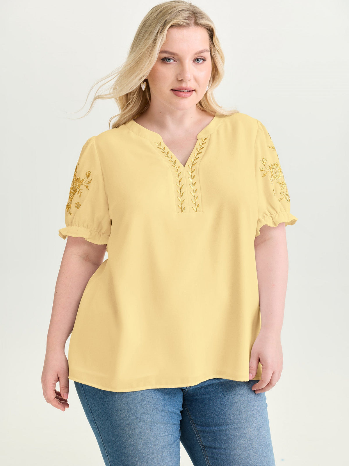 Notched Collar Embroidered Ruffled Blouse