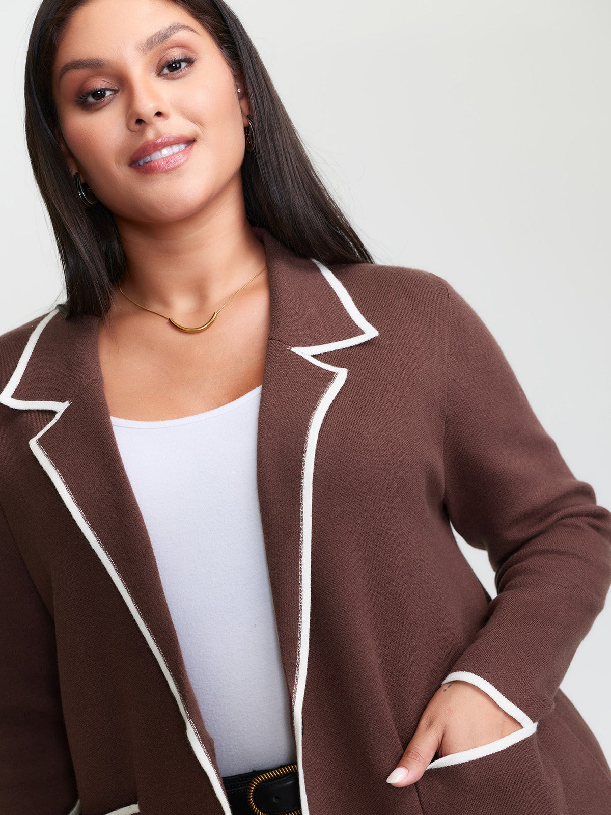 Suit Collar Color Contrast Pockets Knit Cardigan