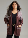Geometric Contrast Patched Pocket Jacquard Cardigan
