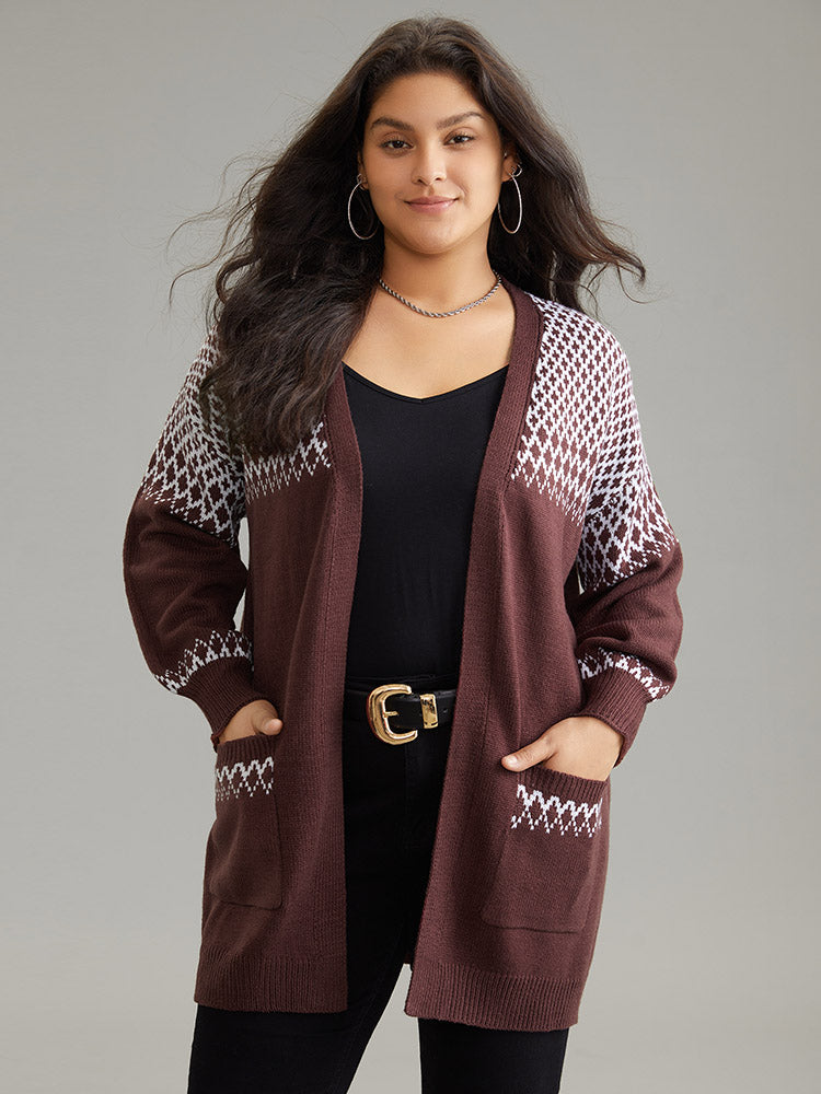 Geometric Contrast Patched Pocket Jacquard Cardigan