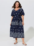 Boho Floral Print Belted Midi Dress
