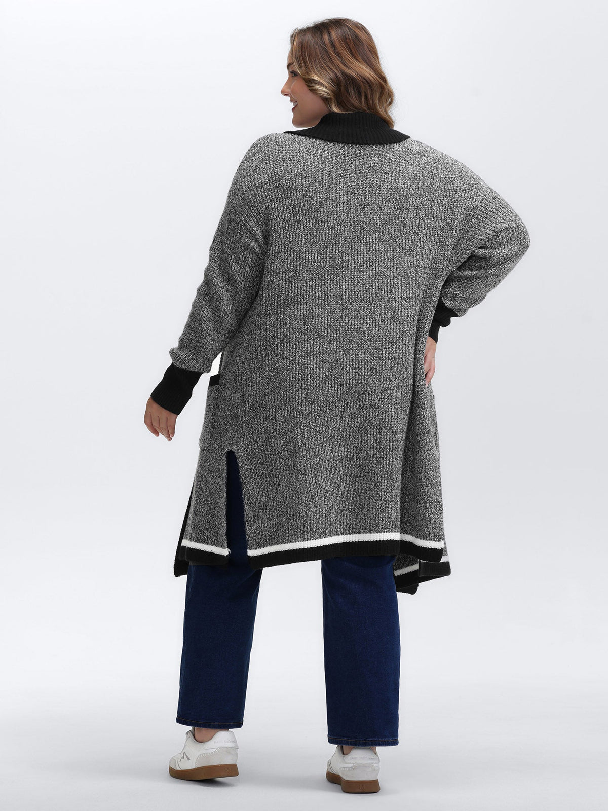 Color Contrast Trim Textured Pocket Knit Cardigan