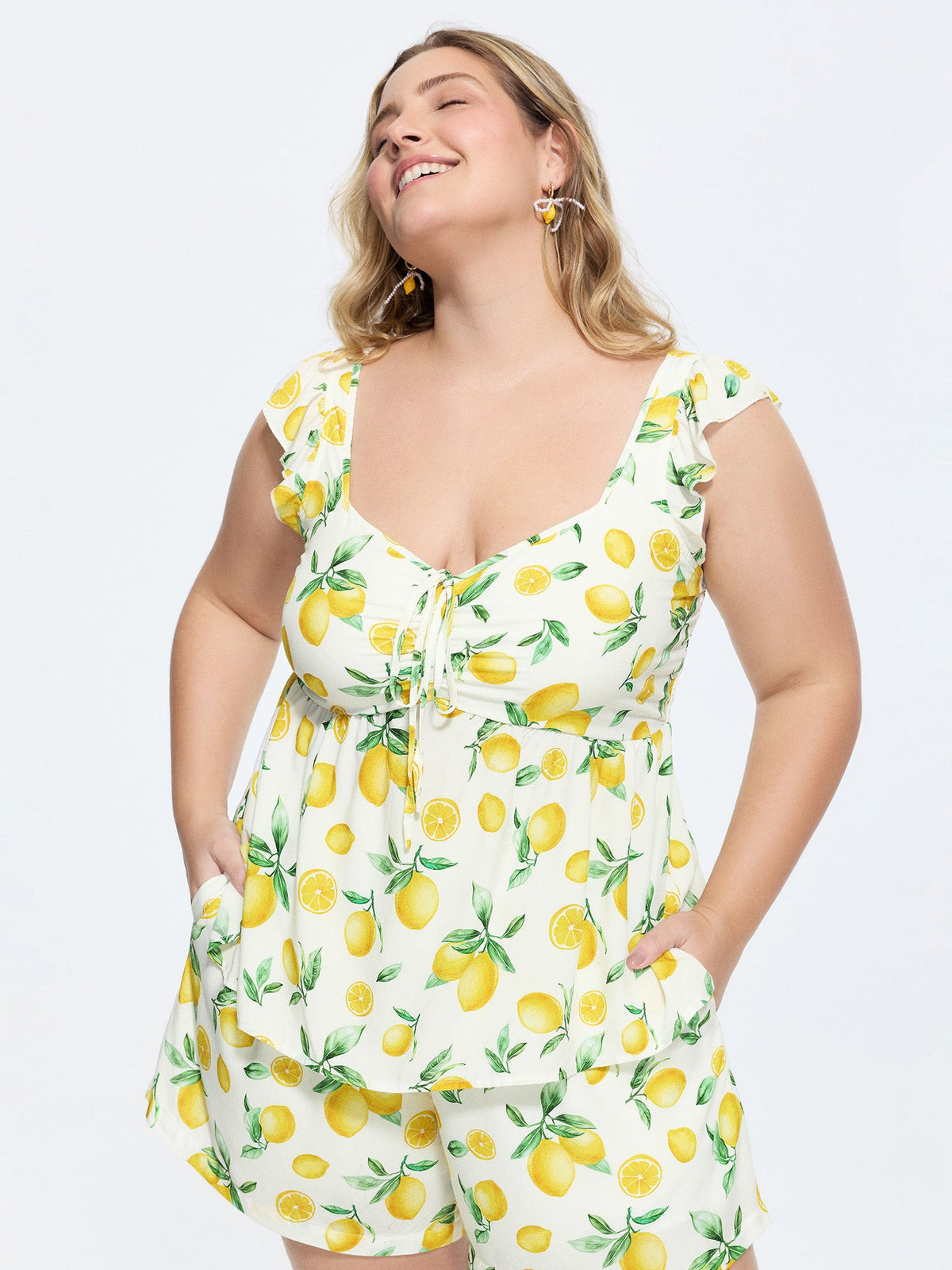 Hand Painted Lemon Print Ruched Blouse