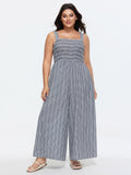 Striped Print Shirred Wide-Straps Jumpsuit