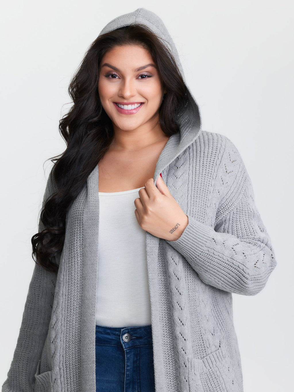 Textured Hooded Pockets Knit Cardigan