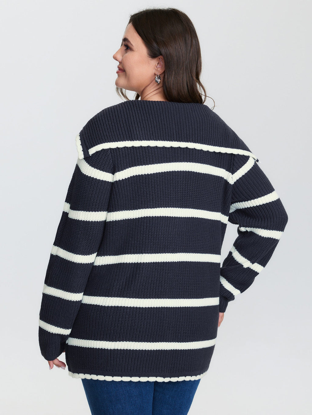 Striped Sailor Collar Pockets Knit Cardigan